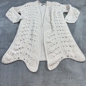 Women XL Cream Cardigan Crochet Knit Sharkbite Hem Open Front Long Sleeve, Soft